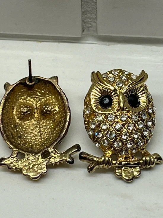 Gold Crystal Owl Stud Earrings - Women's Jewelry - Picture 4 of 4